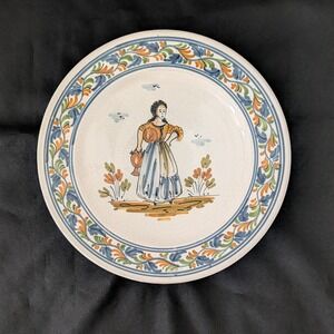 Henriot Quimper France Hand Painted Round Pottery Bowl Peasant Woman Faience